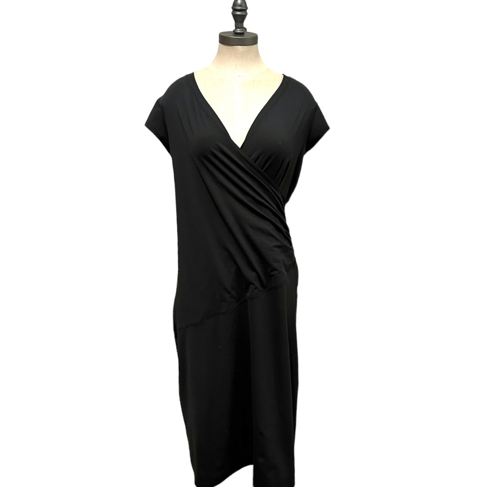 Athleta Size ST Nectar Black Faux Wrap Stretch V-Neck Midi Dress